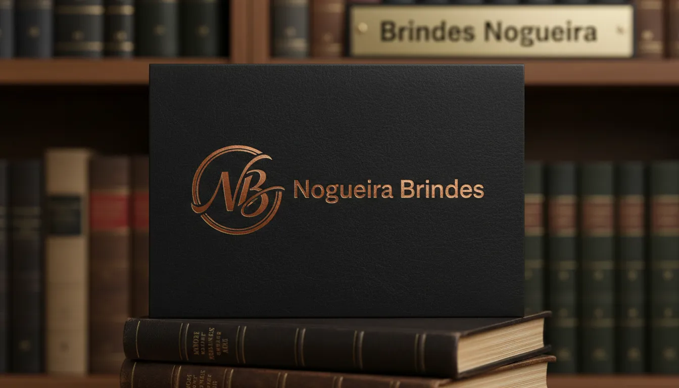 Detalhe da capa de um moleskine personalizado, exibindo o logo da empresa e a alta qualidade do material, perfeito para presentear.