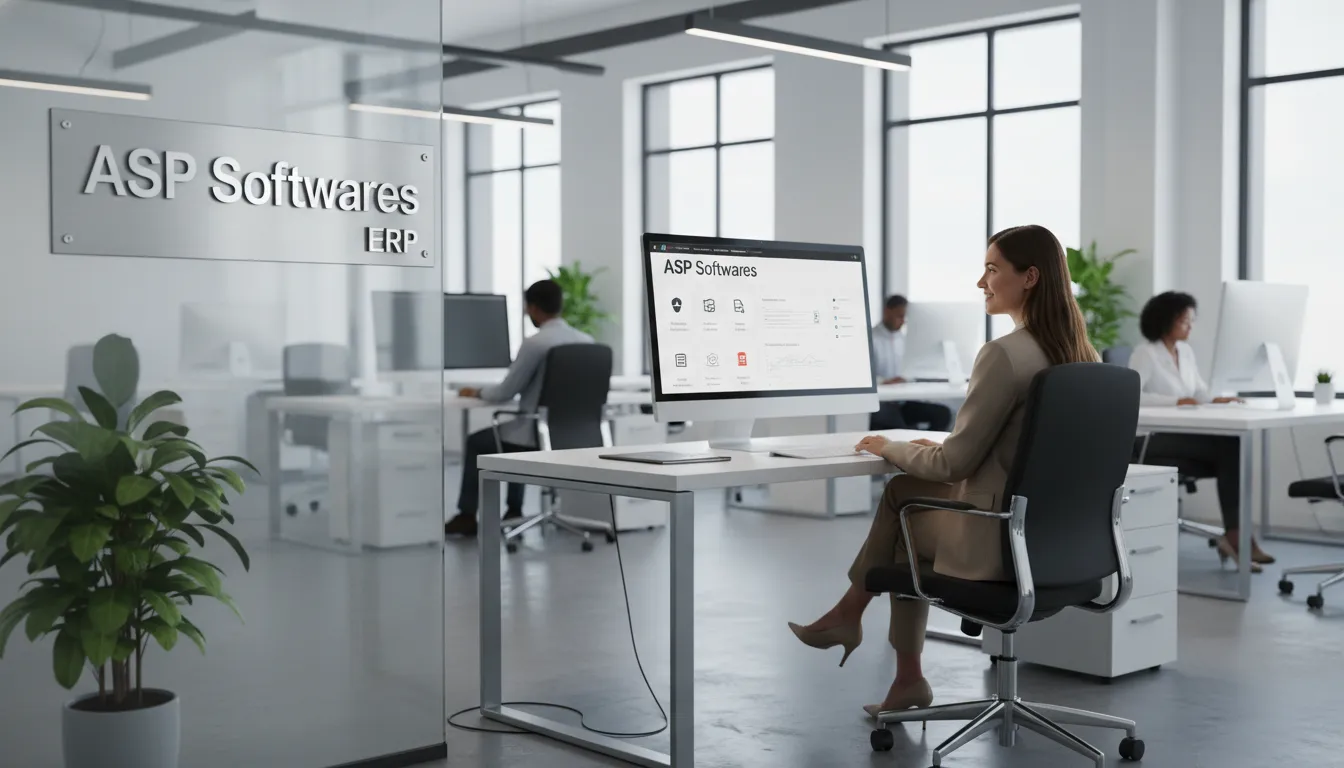 Uma empresária sorridente em um escritório moderno, utilizando um software de gestão de estoque intuitivo, demonstrando a eficiência e o controle proporcionados pela tecnologia da ASP Softwares.