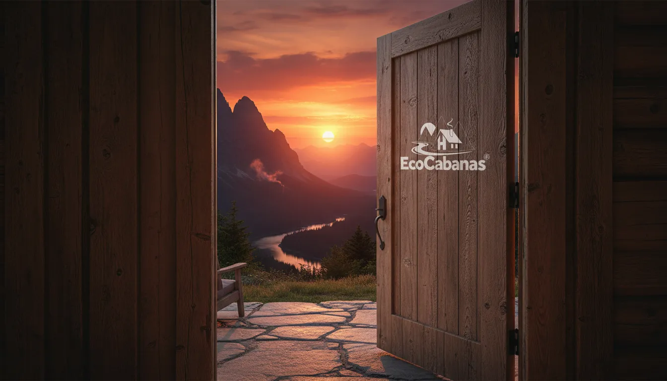 Porta de madeira rústica convidativa emoldurando a vista panorâmica de montanhas ao pôr do sol.