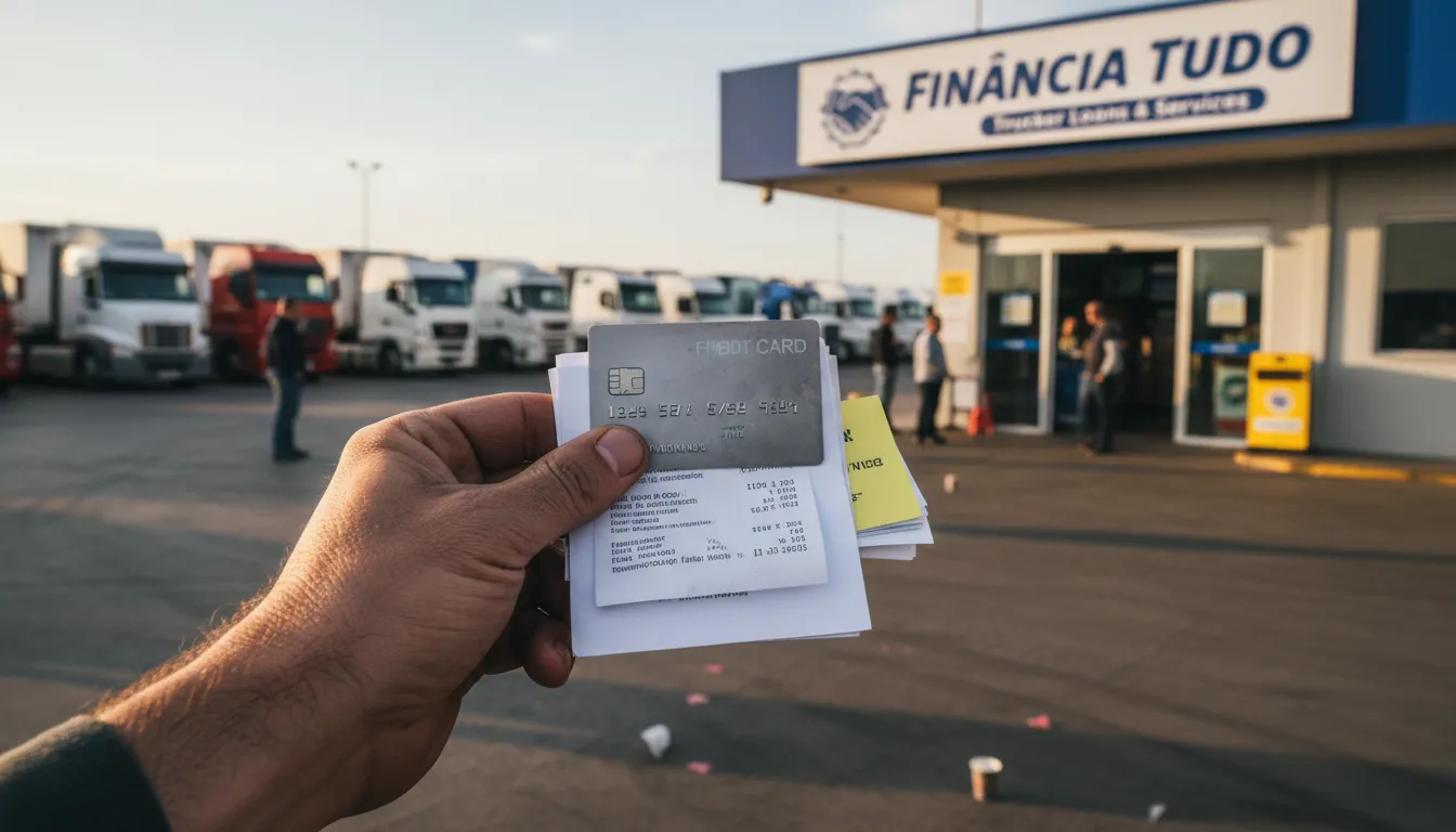 Caminhoneiro com cartão de crédito e papéis próximos a placa da Financia Tudo, ilustrando apoio e gestão financeira.