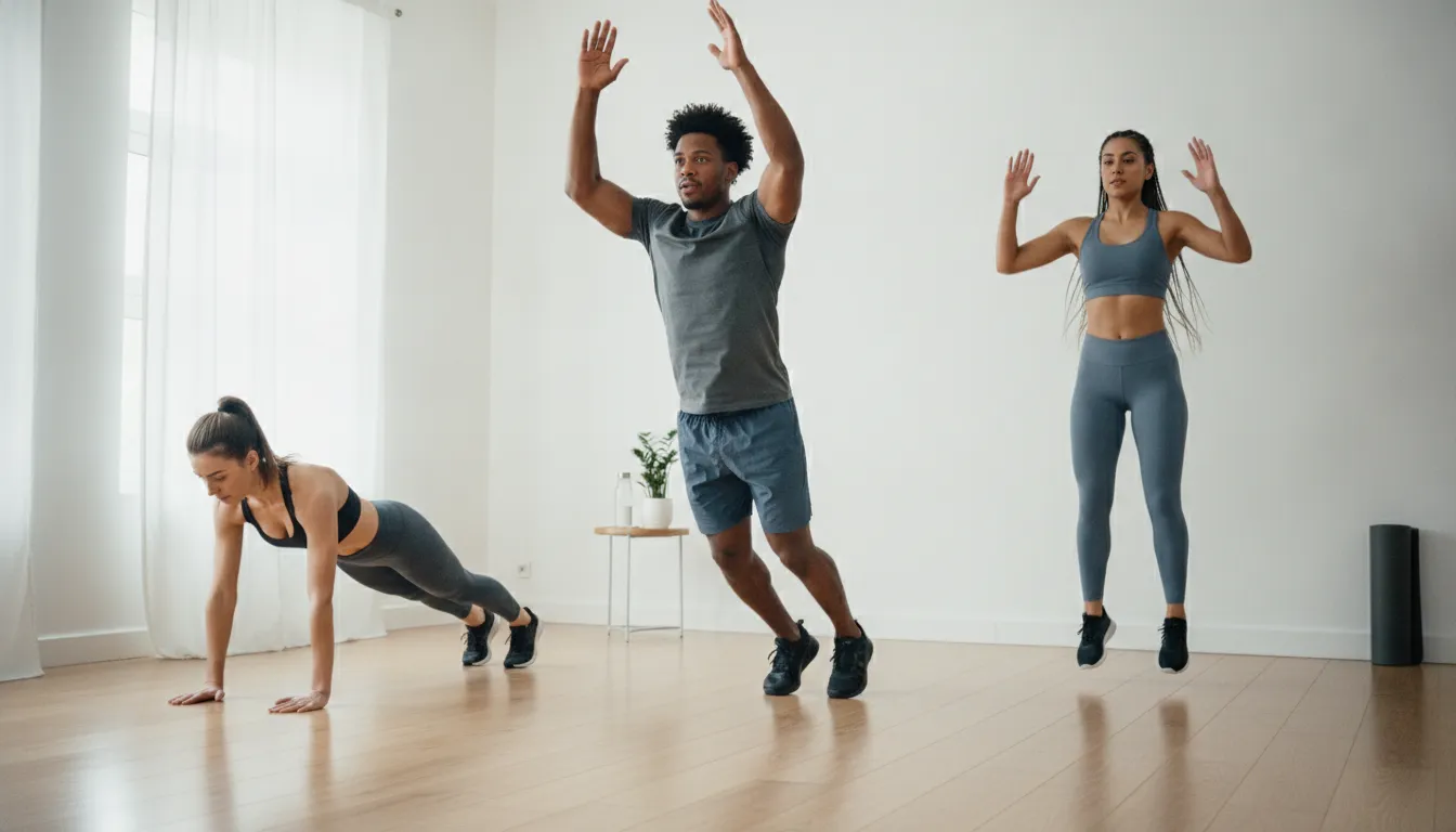 Grupo diverso faz treino curto em casa, mostrando que a motivação para treinar no frio pode ser mantida.