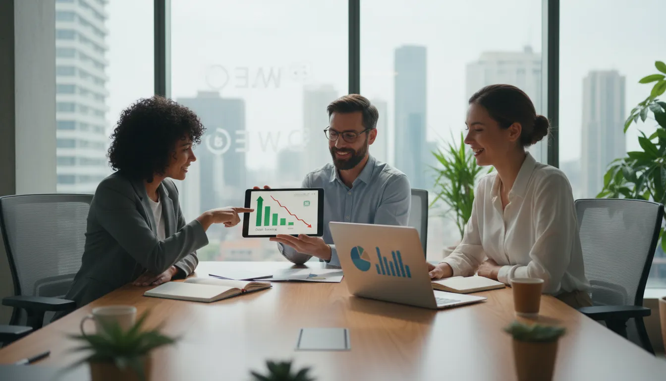 Equipe colaborando em um ambiente moderno, celebrando a produtividade e economia de custos com seo automatizado.