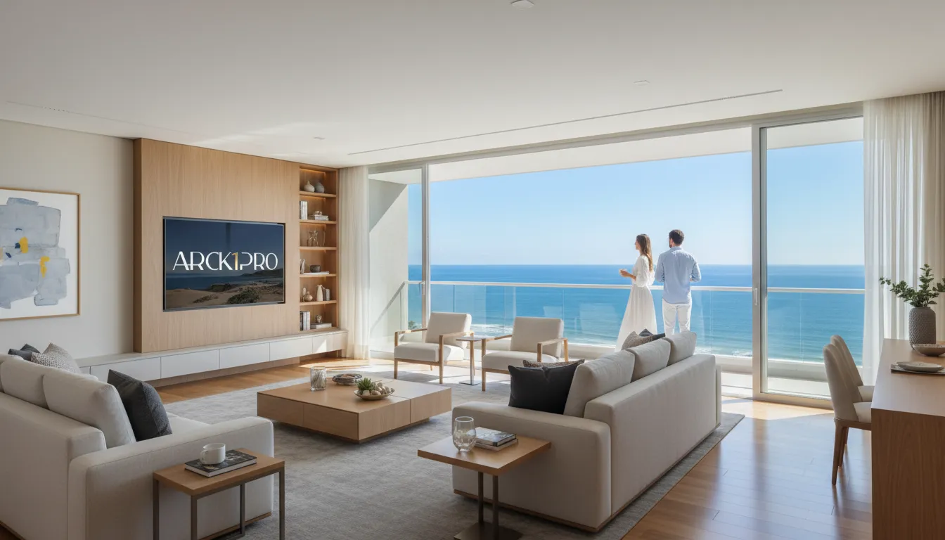 Interior luxuoso apartamento frente mar litoral catarinense, refletindo tendências mercado imobiliário de alto padrão.