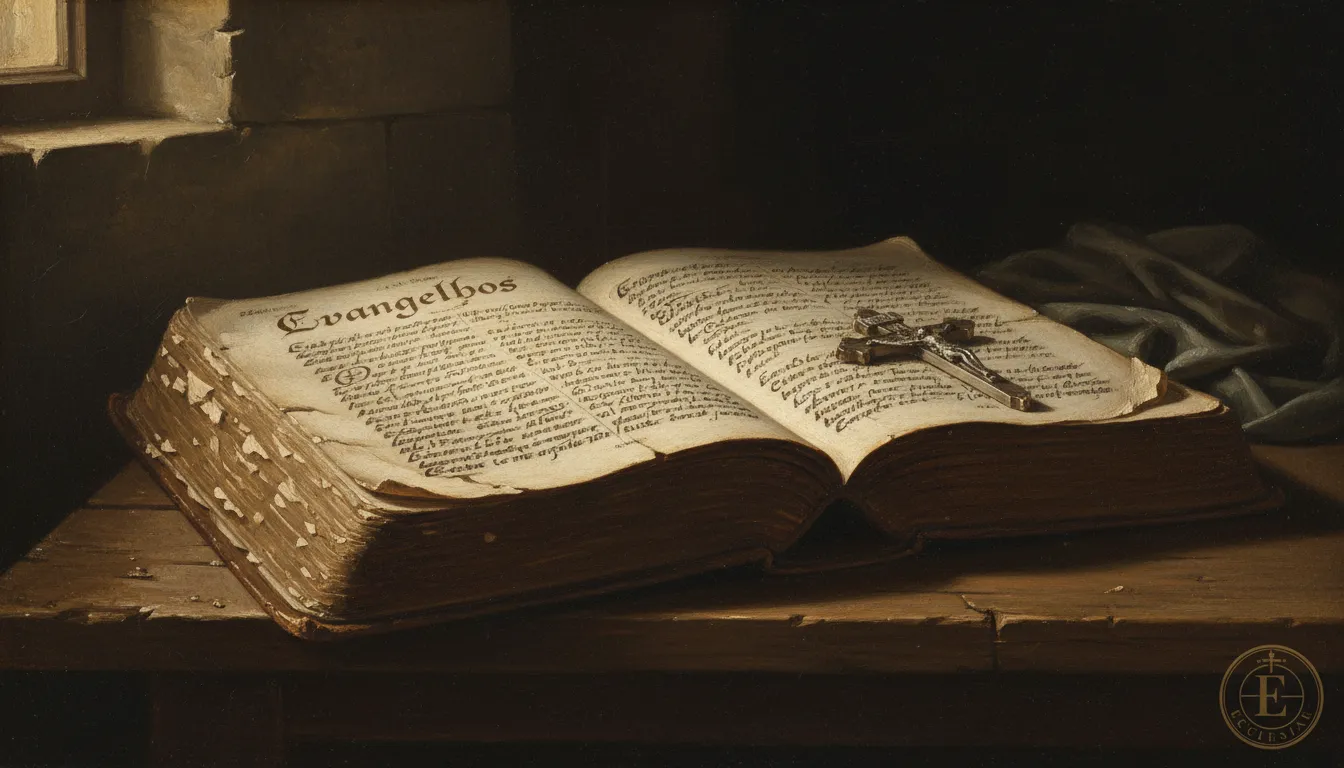 Representação realista de uma Bíblia encadernada em couro desgastado aberta aos Evangelhos, com páginas de pergaminho e texto manuscrito em tinta. Uma pequena cruz de prata repousando sobre as páginas, representando o novo testamento.