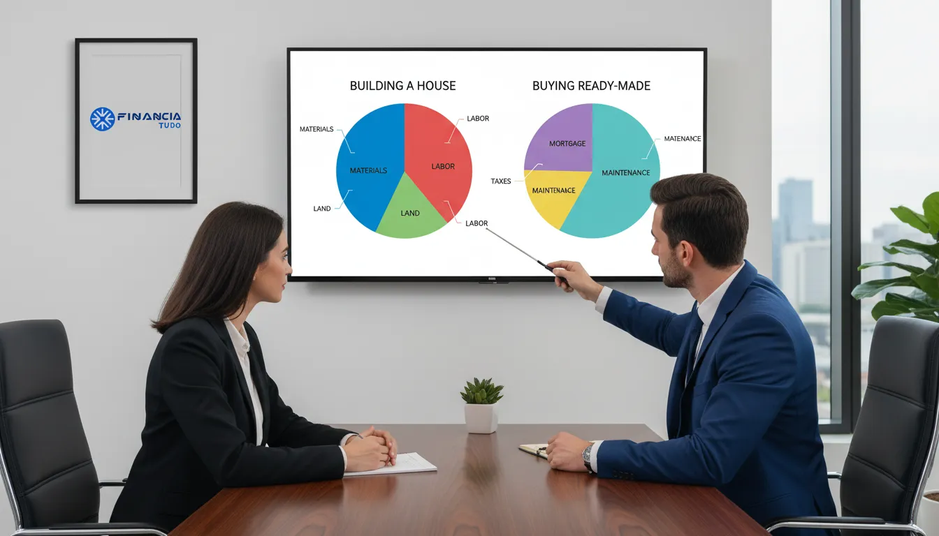 Um consultor financeiro explicando os custos de construir ou comprar imóvel através de gráficos detalhados.