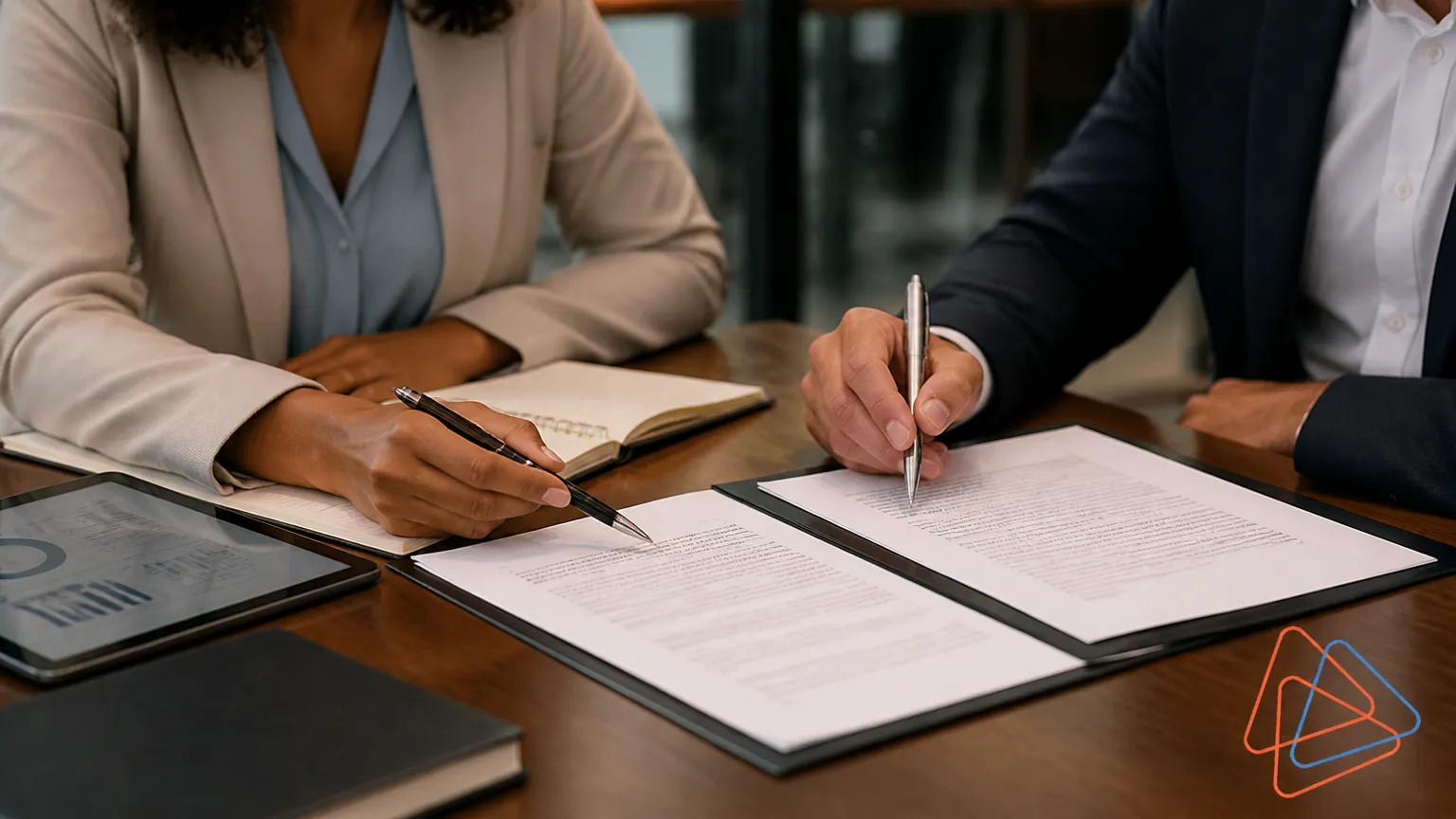 Reunião jurídica para ajuste de contrato de teletrabalho e regime híbrido corporativo.