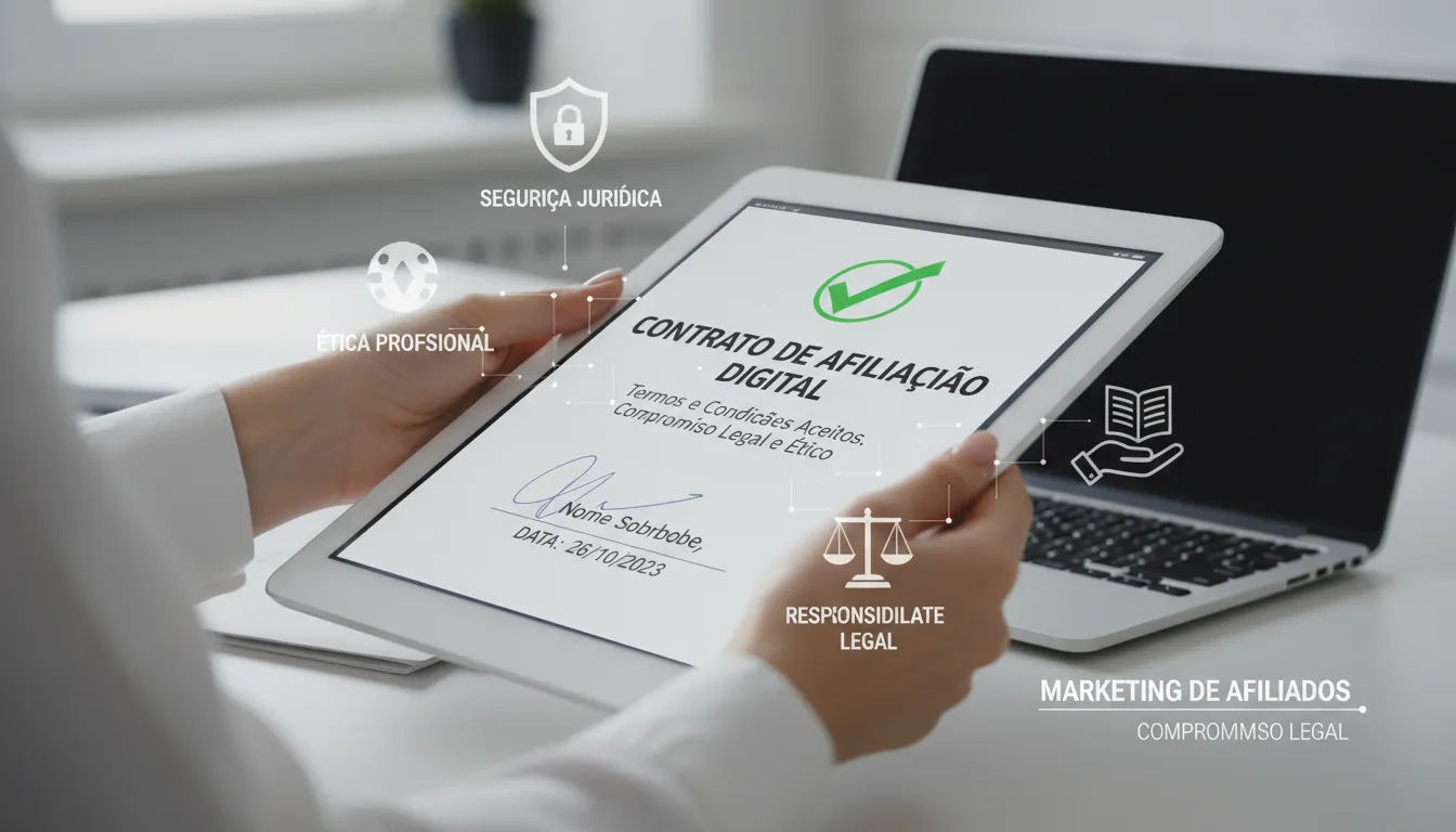 Mãos segurando contrato digital, destacando segurança e ética no marketing de afiliados.