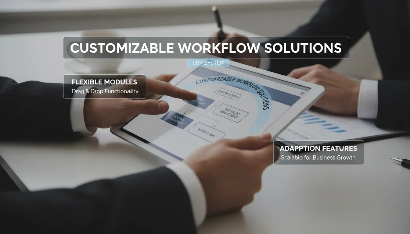 Gestores ajustando módulos de ERP flexível em um tablet durante reunião