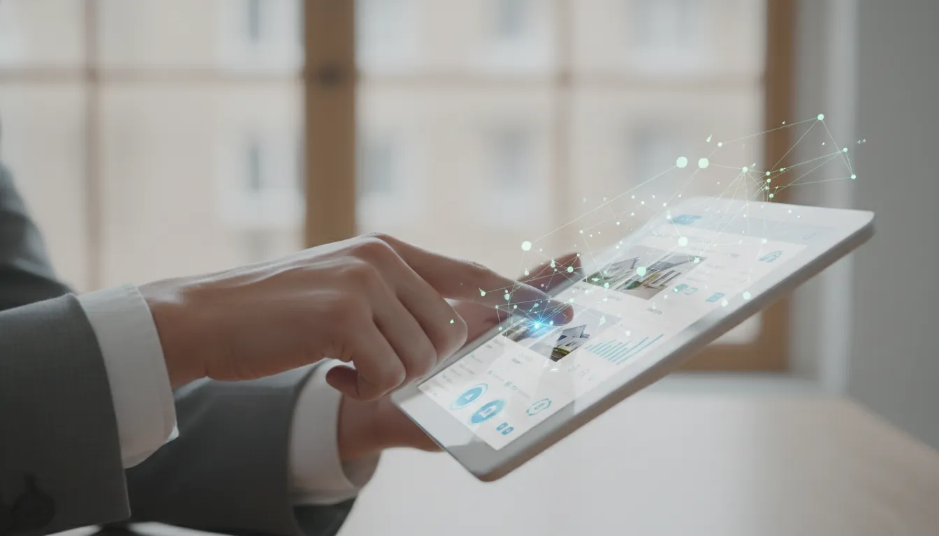 Interação humana e IA em tela de tablet, mostrando que a inteligência artificial não vai substituir o corretor, mas o auxiliará.