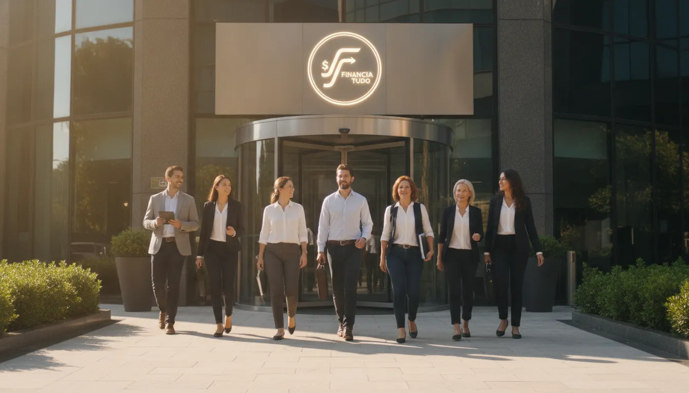 Grupo diverso de pessoas caminhando confiantes para soluções financeiras com Financia Tudo.