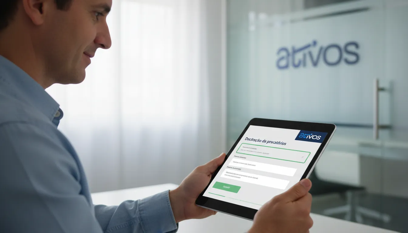 Tela de tablet moderna simplificando como declarar precatório no imposto de renda, mostrando clareza e segurança na plataforma.