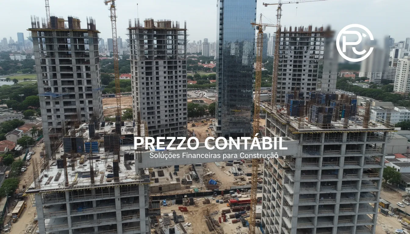 Vista aérea de um grande projeto de construção em São Paulo, com o logo da Prezzo Contábil sobreposto, simbolizando seus serviços de Contabilidade Especializada em Construção Civil em São Paulo.