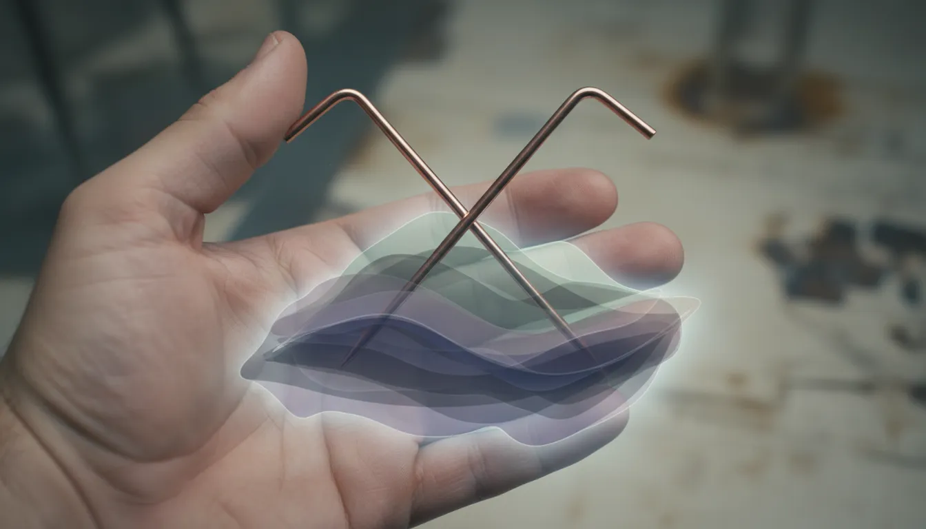 Mãos segurando varas de radiestesia cruzadas sobre campos de energia, indicando desequilíbrio energético.