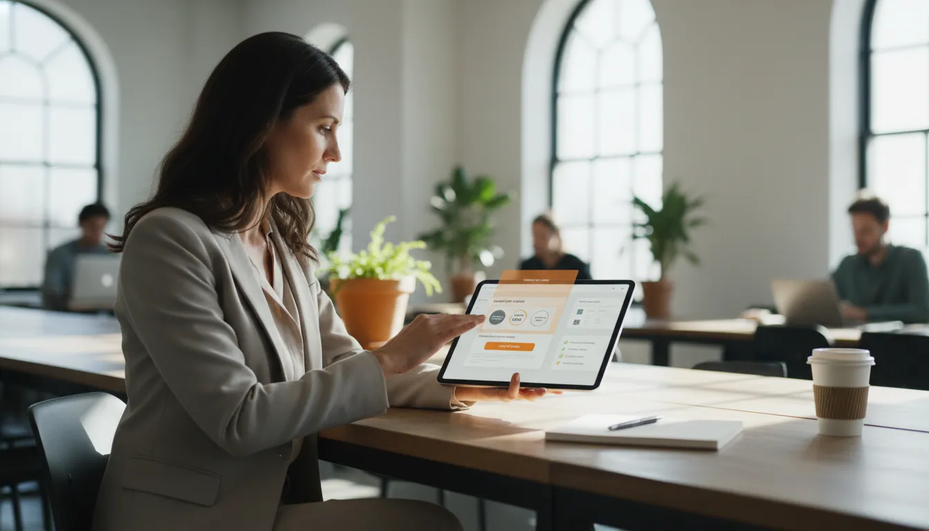 10 Exemplos de Landing Pages B2B que Geram Leads Qualificados 2 Profissional analisa wireframes de landing pages com CTAs, provas sociais e listas de benefícios em espaço de coworking.