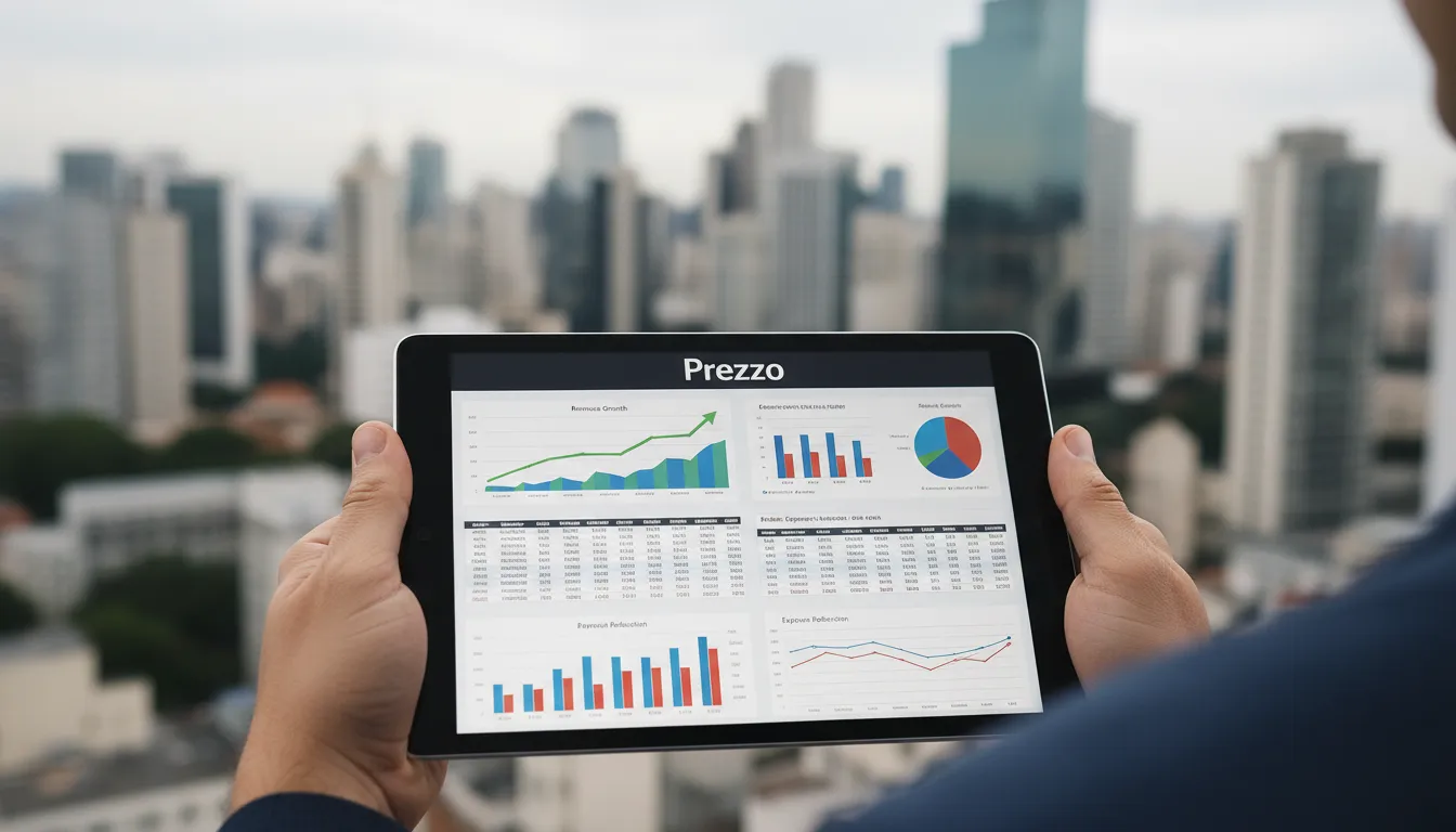 Mãos usando um tablet para revisar relatórios financeiros detalhados, com o horizonte de São Paulo ao fundo, representando a contabilidade digital para médicos em São Paulo, com Prezzo.