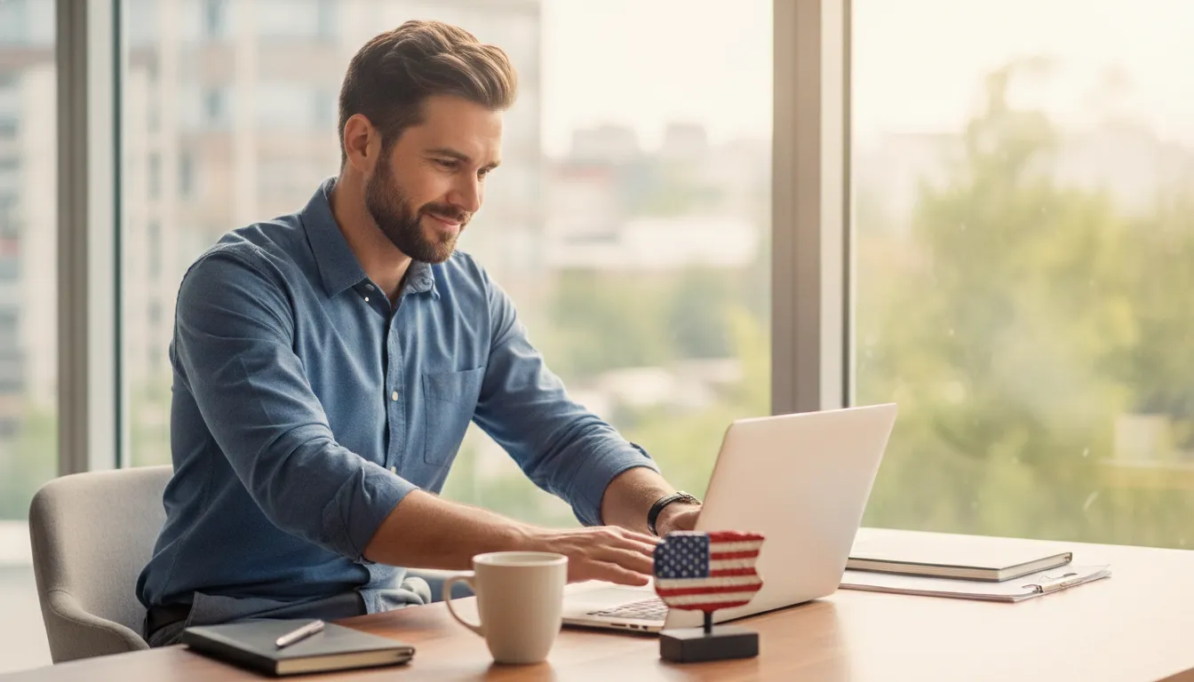 Empreendedor aliviado fecha laptop após fechar empresa nos EUA, simbolizando conclusão bem-sucedida.