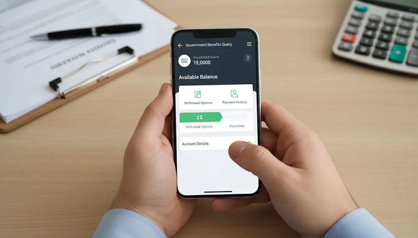 Mãos seguram smartphone exibindo consulta de saldo PIS/PASEP em aplicativo, com documentos na mesa.