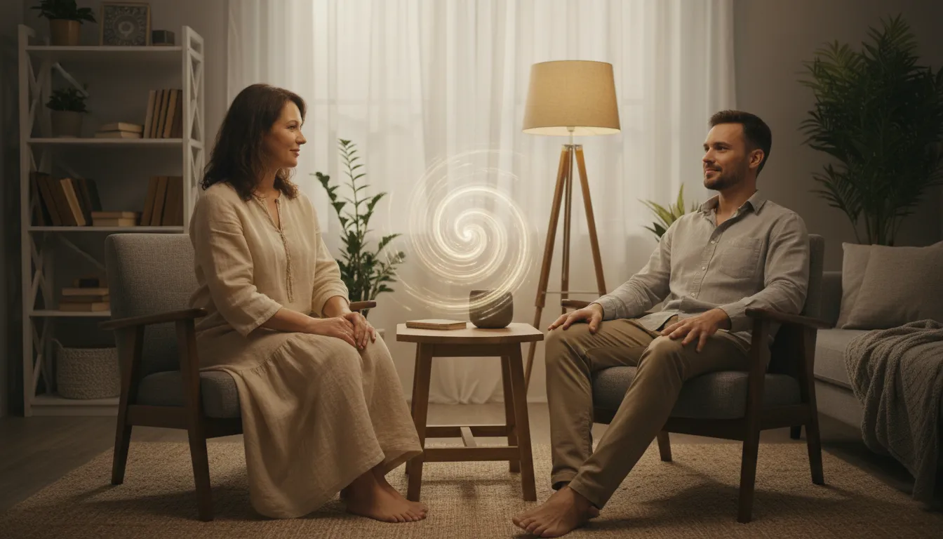 Terapeuta guiando paciente em sessão de thetahealing, promovendo relaxamento e liberação emocional.