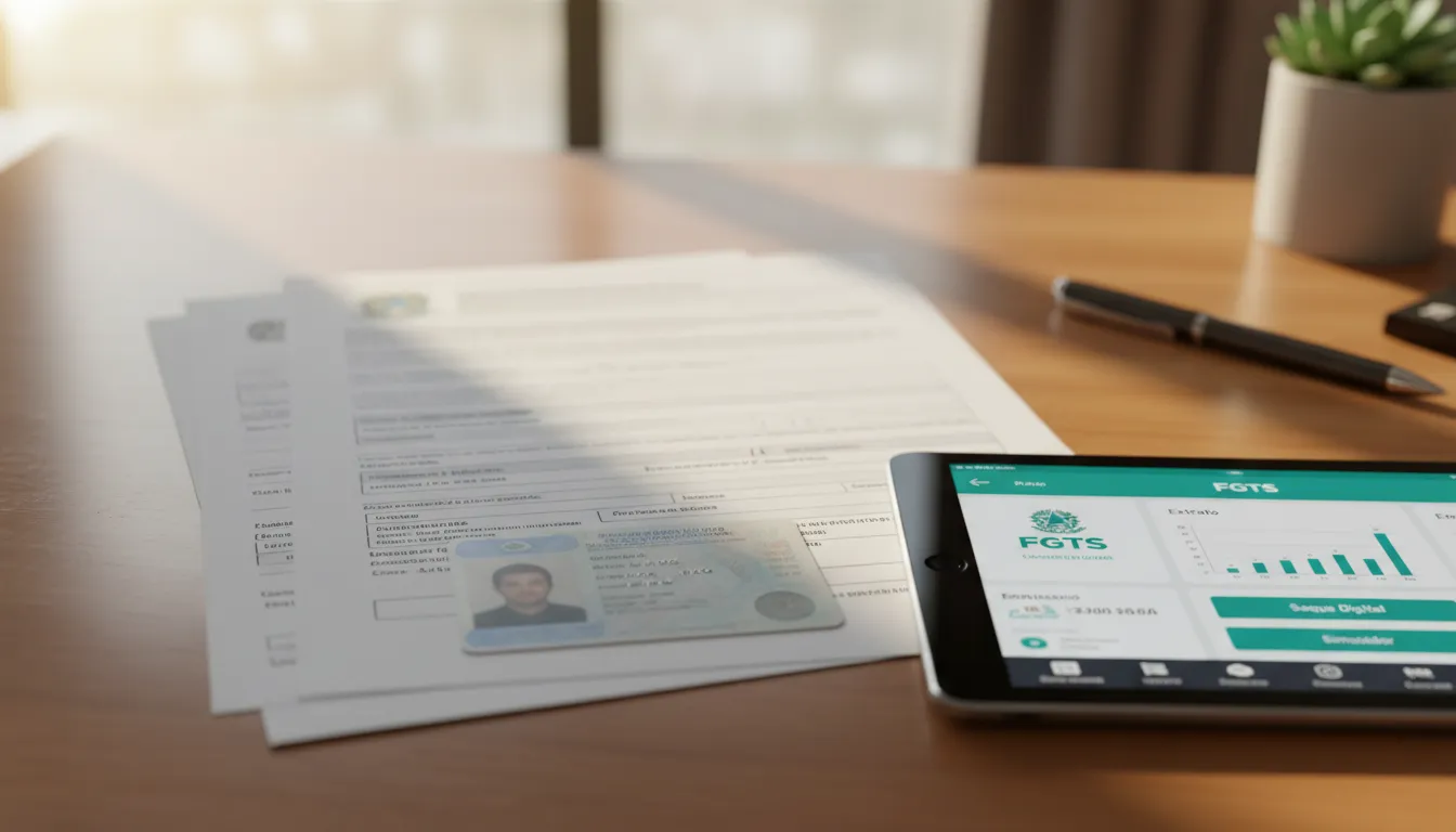 Documentos do FGTS, RG e tablet com app do FGTS organizados em uma mesa iluminada pelo sol.