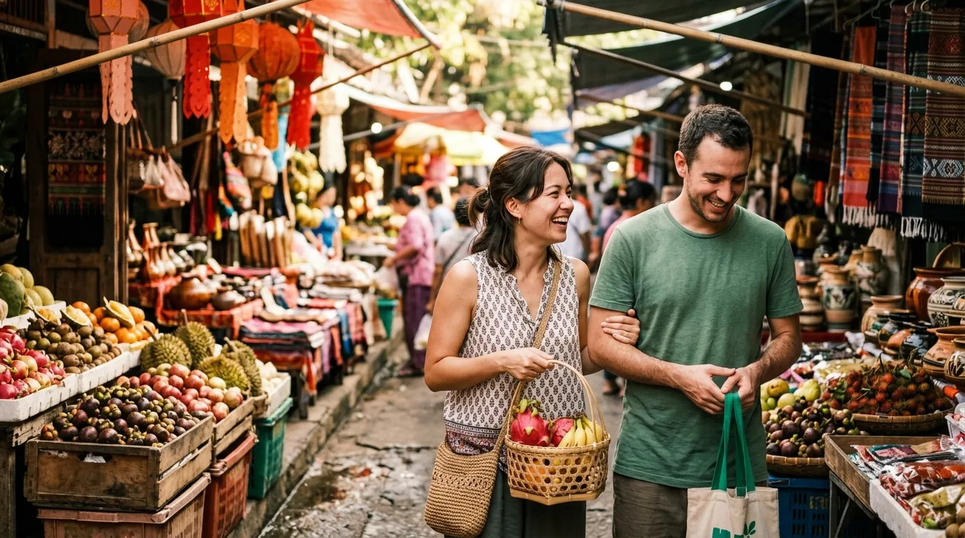Casal explorando mercado tradicional em destinos internacionais baratos e culturais para conhecer.