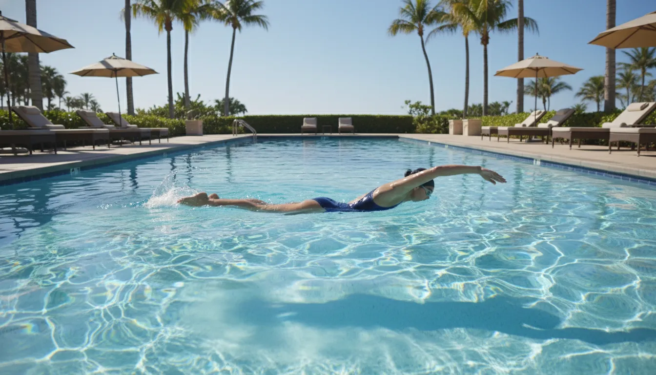 Mulher nadando em piscina cristalina, com reflexos do sol, demonstrando qual exercício mais emagrece de forma relaxante e eficaz.