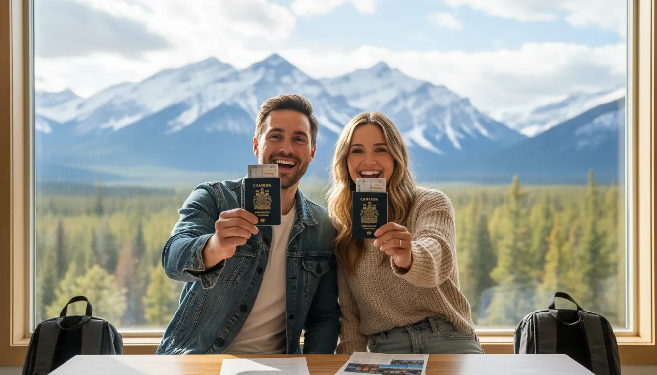 Casal feliz com o visto Canadá aprovado, planejando a viagem dos sonhos e a experiência memorável.