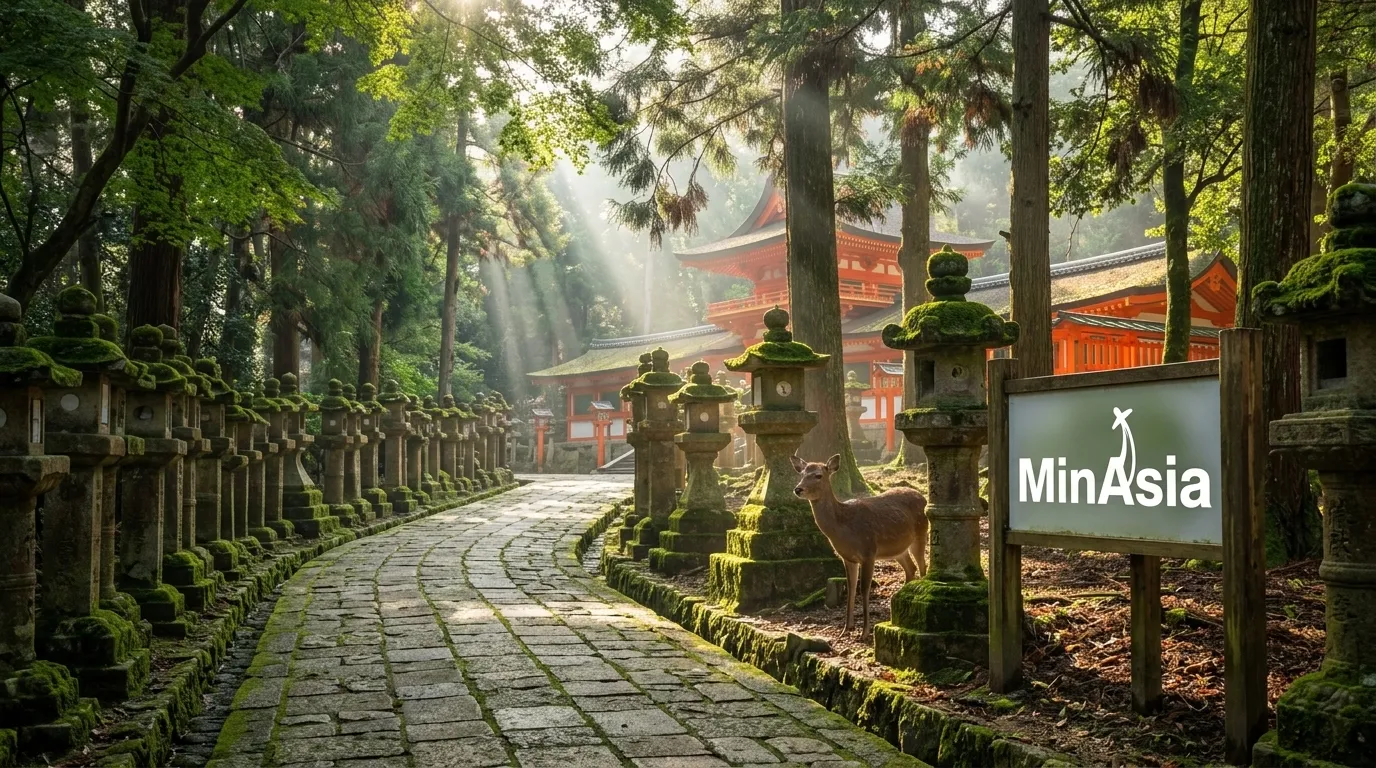 Caminho de lanternas de pedra e cervo no santuario Kasuga Taisha em Nara Japão.