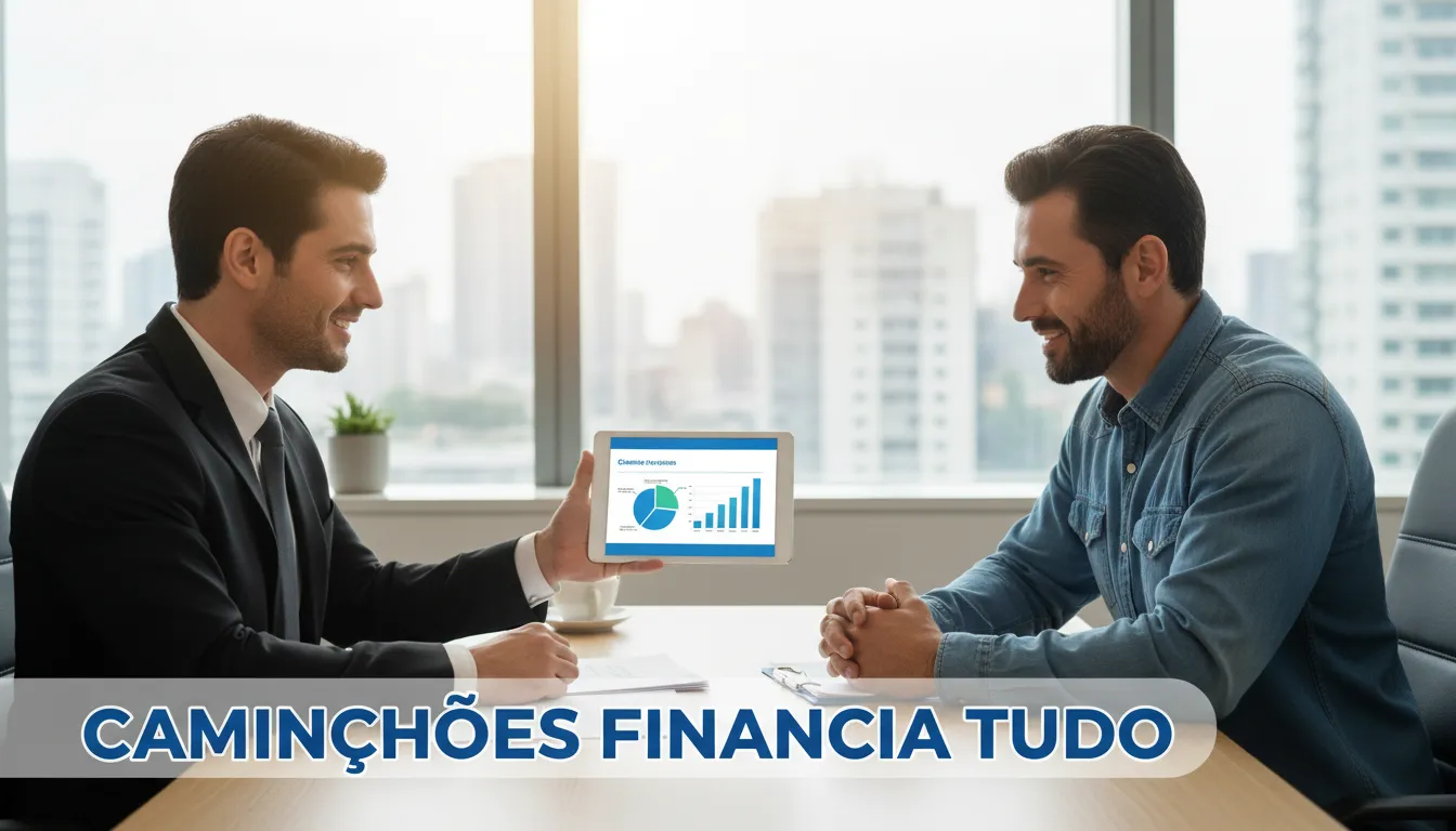 Reunião entre um gerente financeiro e um caminhoneiro, discutindo opções de financiamento de caminhões com a Financia Tudo, destacando a transparência e facilidade.