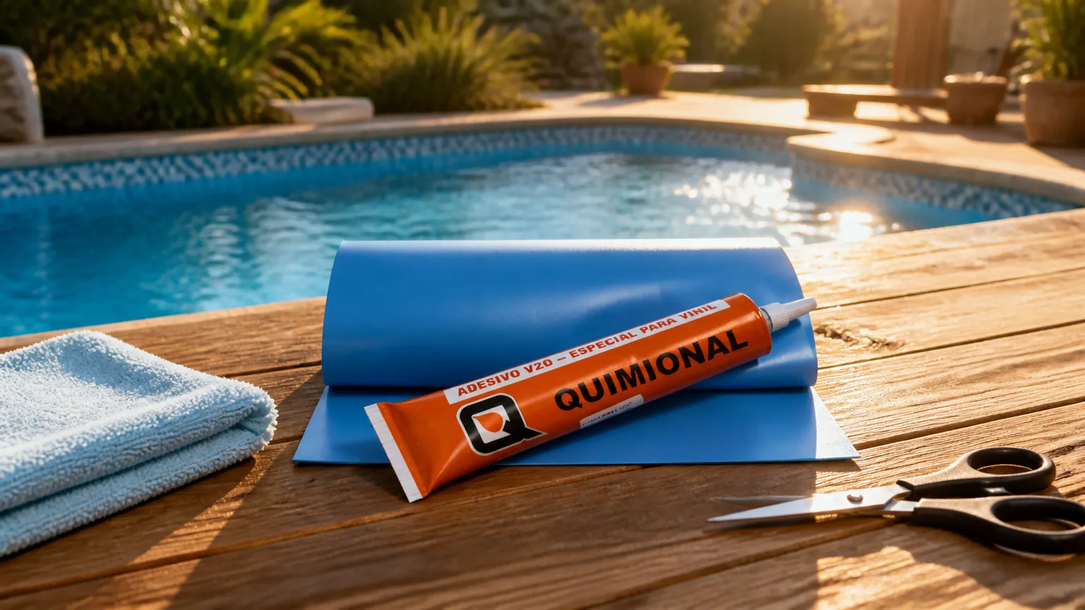 Mesa de apoio com reparo para piscina de vinil e acessórios essenciais para conserto.