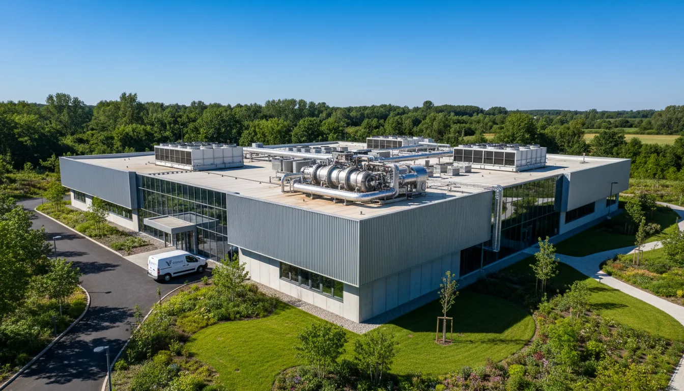 Visão externa de uma planta industrial moderna com um sistema HVAC no telhado, destacando um eficiente compressor parafuso e a van de serviço da Veltter.