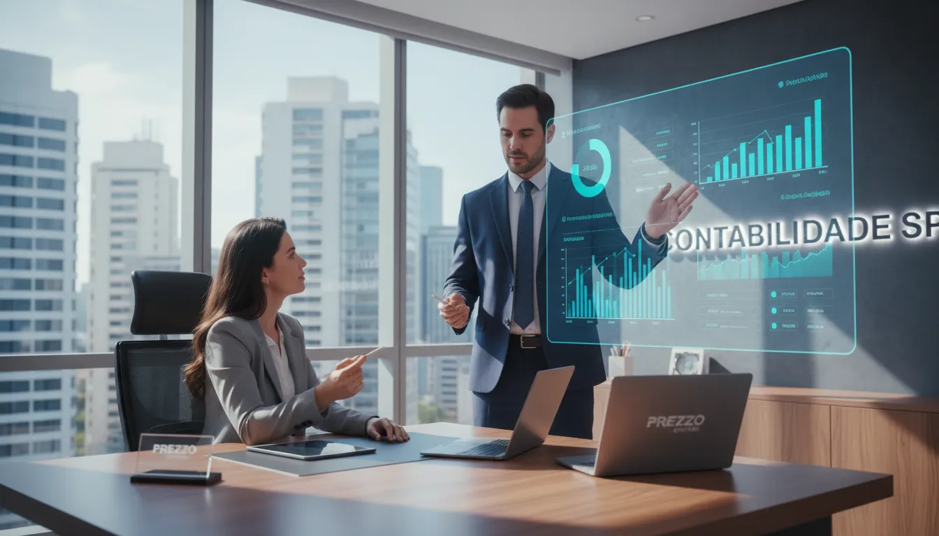 Consultor da Prezzo Contábil apresenta relatório financeiro detalhado em escritório moderno, representando a Contabilidade para Construção Civil em São Paulo.