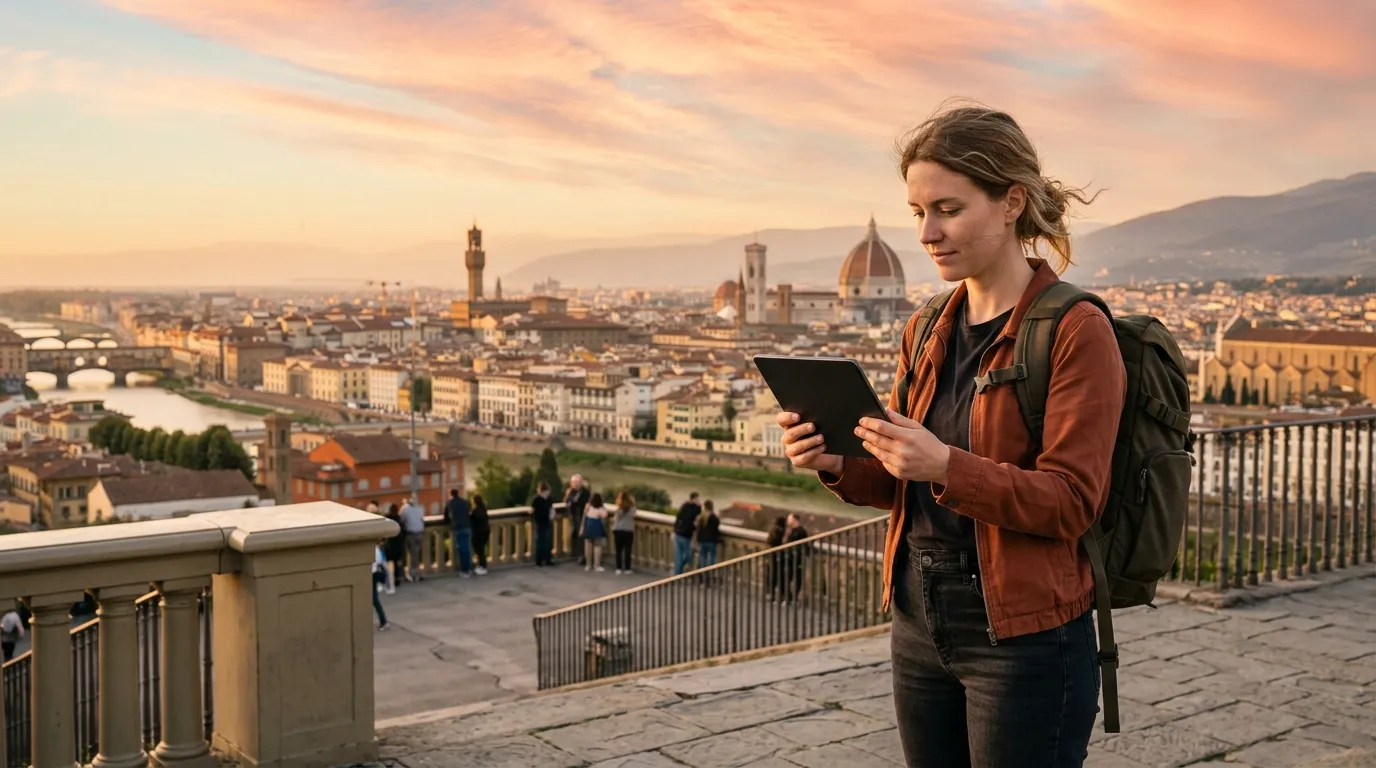 Viajante calculando quantos dias ficar em cada cidade ao explorar vista panorâmica urbana.