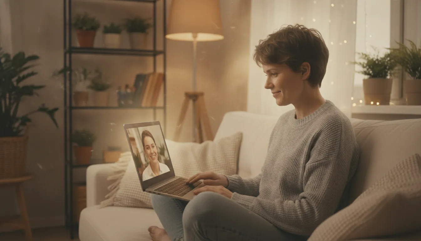 Pessoa em sessão de terapia online, expressão de alívio, superando o julgamento e encontrando apoio.