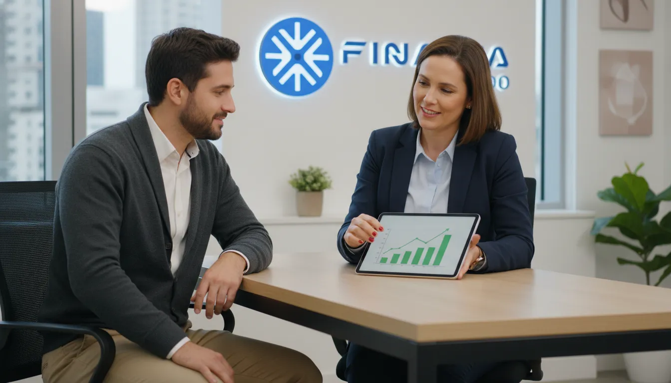 Consultor financeiro experiente oferece orientação clara a cliente, ajudando-o a evitar erros comuns crédito com garantia.