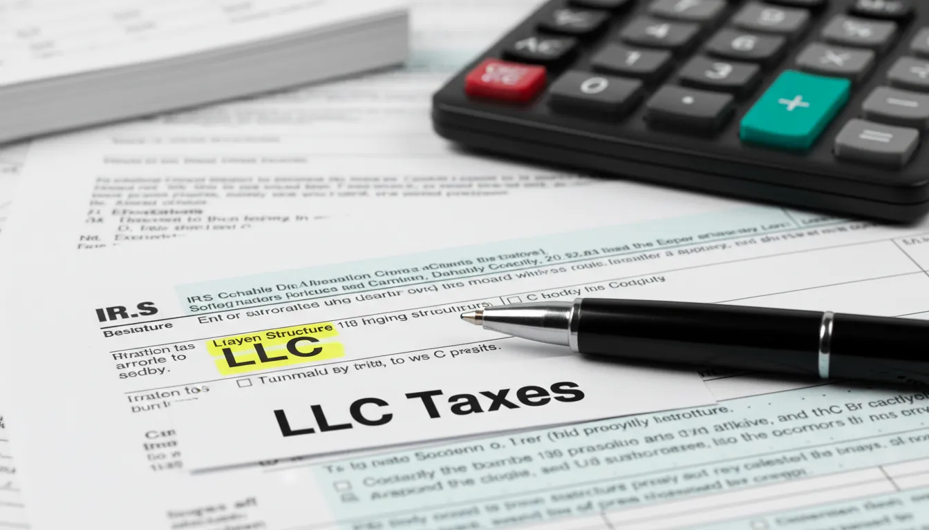 Formulário fiscal dos EUA com 'LLC' em destaque, representando a conformidade tributária para abertura de LLC nos Estados Unidos.
