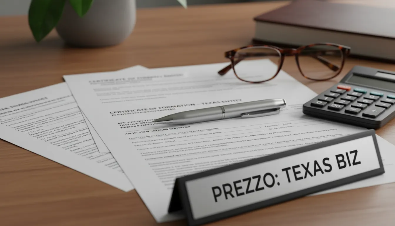 A desk with business documents and forms related to starting a business. It's a visual aid for Como Abrir uma empresa no Texas, focusing on required paperwork and compliance.