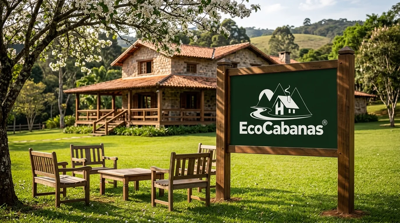 Estrutura rustica de uma tradicional pousada rural com ampla area verde e varanda de madeira.