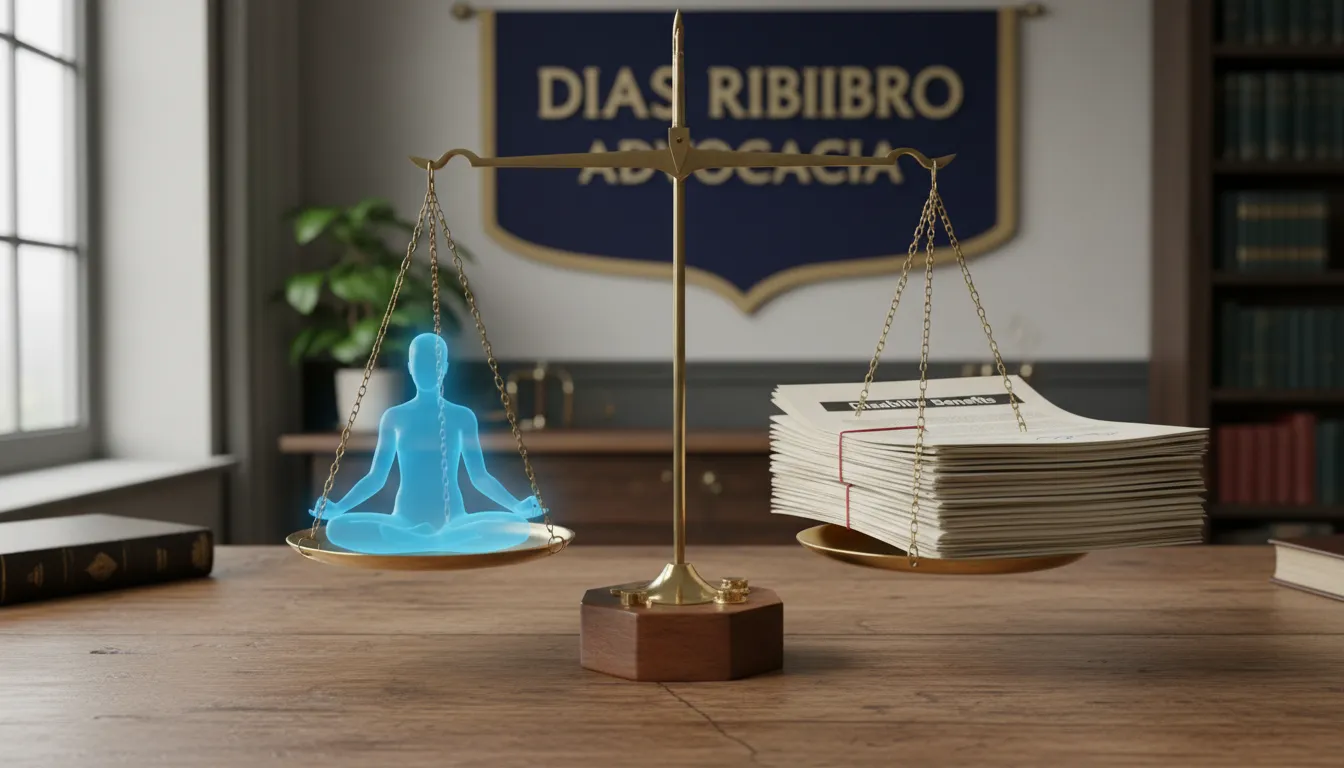 Uma balança equilibrando o bem-estar mental de um lado e documentos legais de benefícios por incapacidade do outro, ilustrando a busca por aposentadoria.