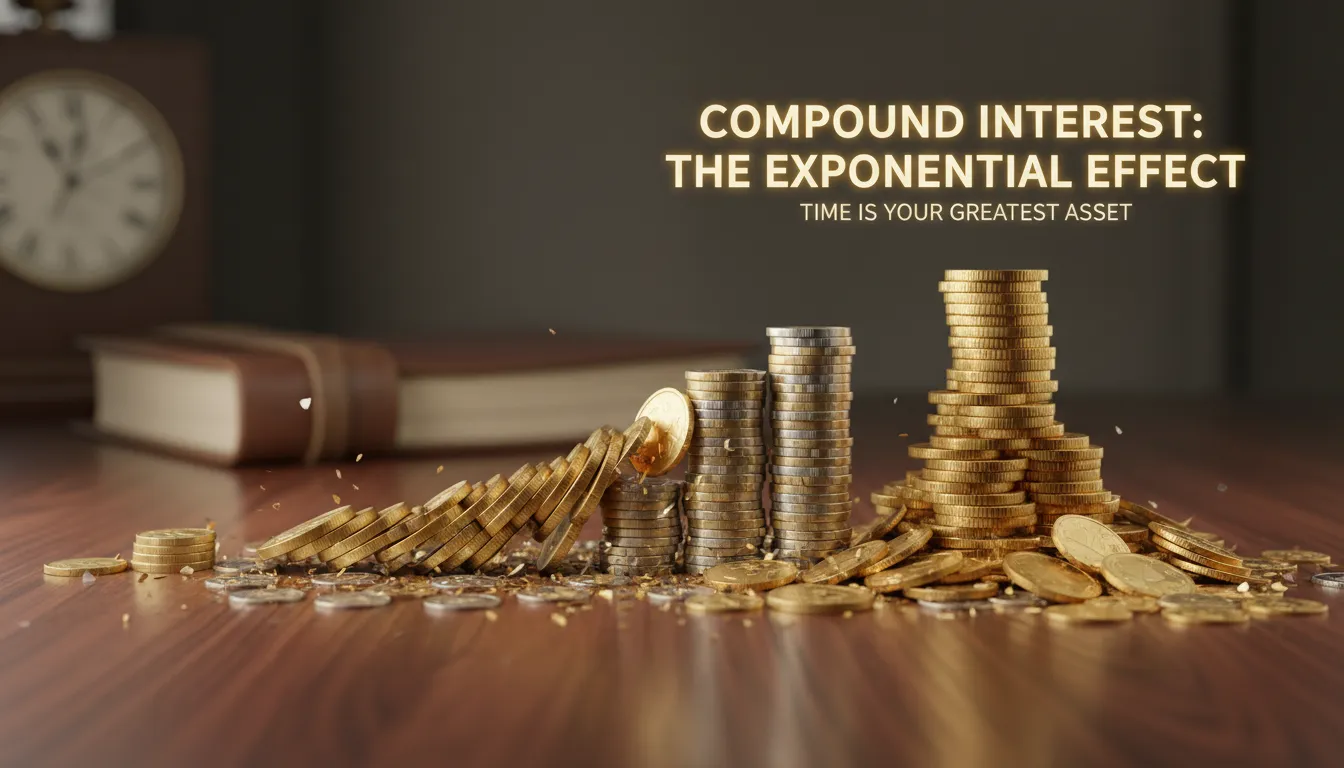 Efeito dominó de moedas destacando o crescimento acelerado proporcionado pelos juros compostos.