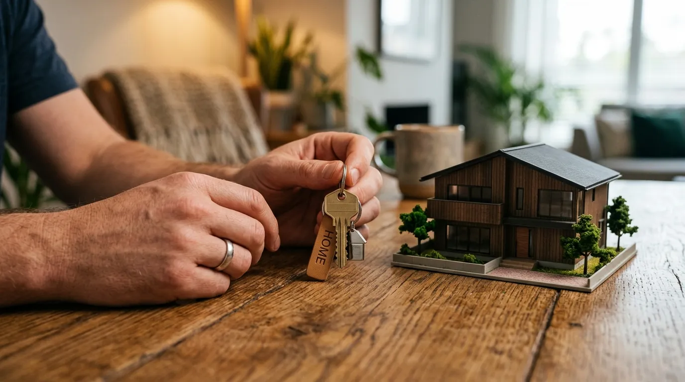 Chave e miniatura de casa simbolizando o valor mínimo do imóvel para home equity em garantia financeira.