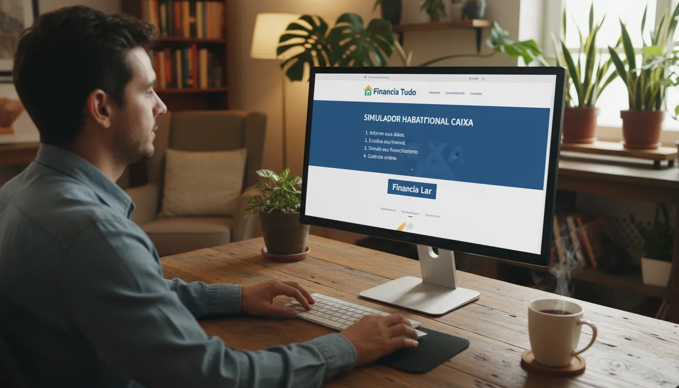 Pessoa usando o simulador habitacional caixa da Financia Tudo em seu escritório em casa, seguindo o guia passo a passo para financiar seu imóvel.