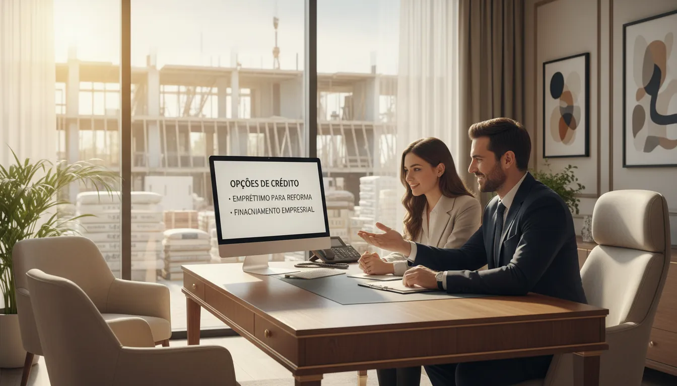 Consultor mostrando alternativas de crédito para finalizar obra em reunião com clientes