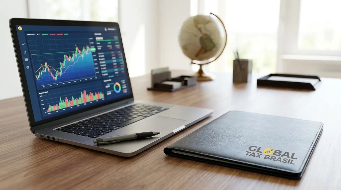 Escritório com laptop exibindo gráficos sobre a gestão de uma holding familiar