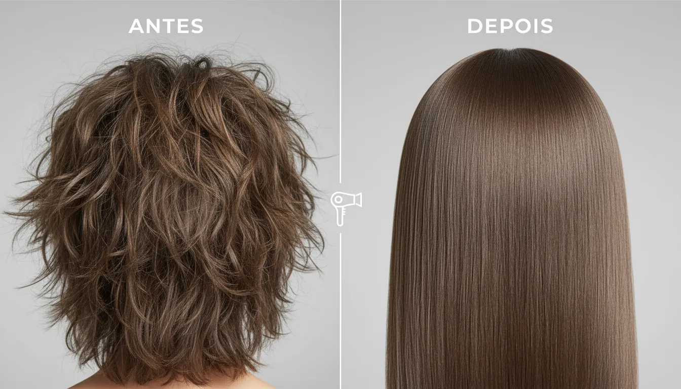 Antes e depois do uso de escova secadora: fios volumosos e com frizz versus alinhados e brilhosos.