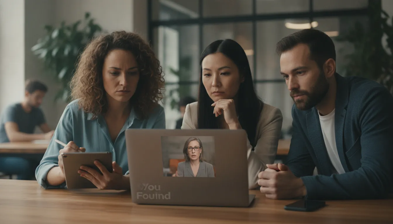 Profissionais assistem webinar You Found em laptop, anotando e engajados com o conteúdo.