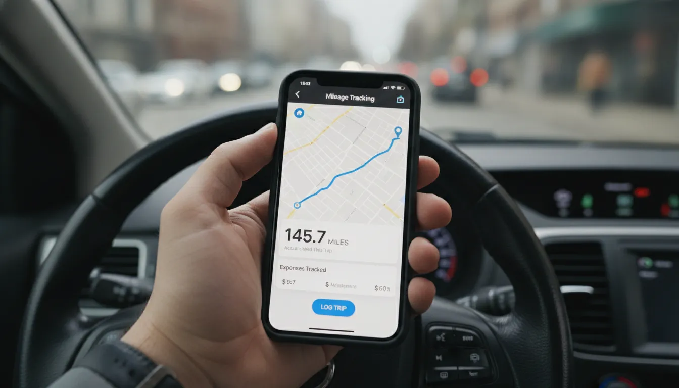 Mão segurando smartphone com app rastreamento milhagem para deduções de imposto uber driver taxes. Gestão de despesas.