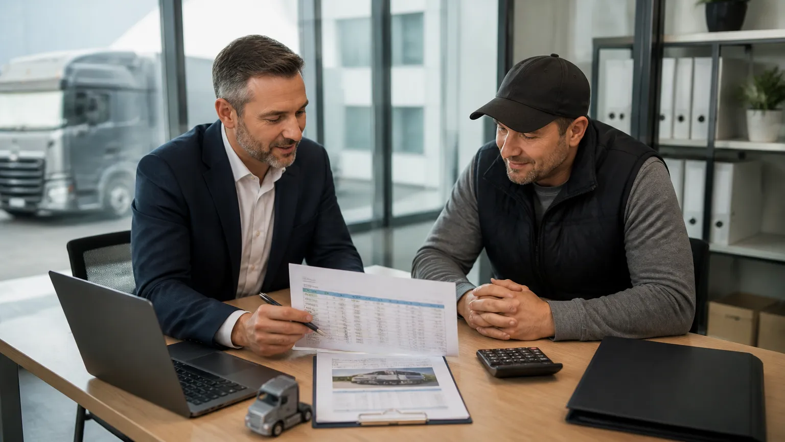Consultoria financeira analisando se caminhão usado vale a pena para o orçamento.