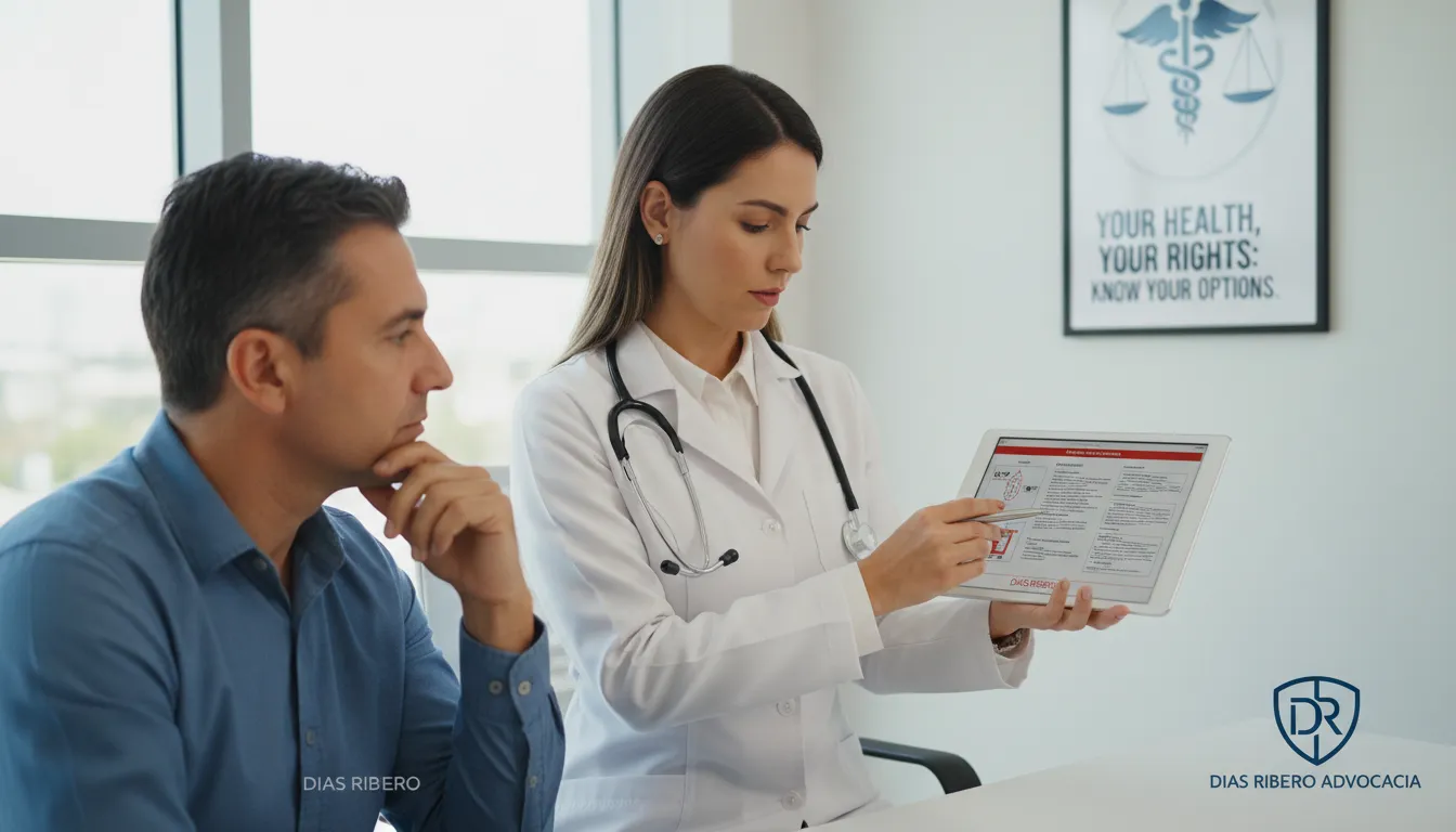 Um médico explicando opções de tratamento ao paciente, com o logo da Dias Ribeiro Advocacia, representando a defesa dos direitos de saúde e cobertura pelo plano de saúde.