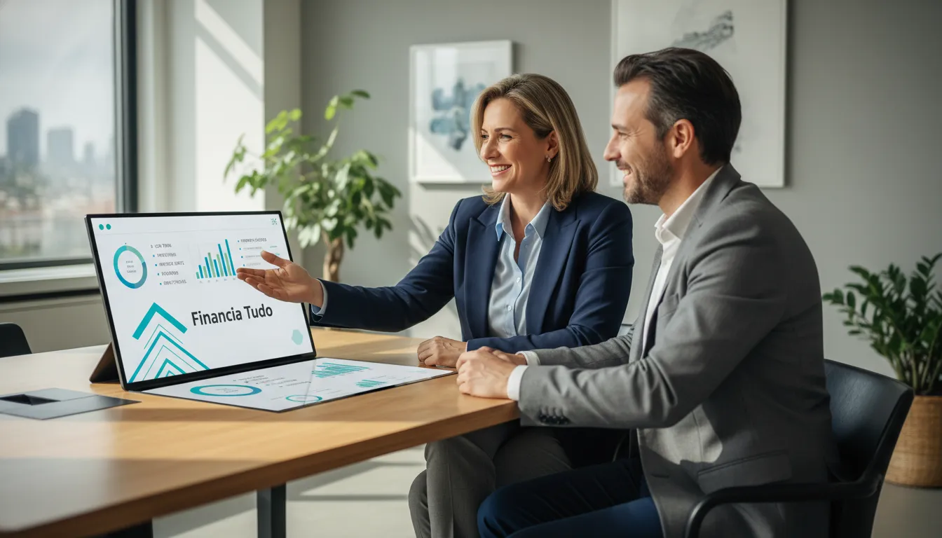 Especialista da Financia Tudo explicando as vantagens do refinanciamento automóvel para cliente em ambiente consultivo.