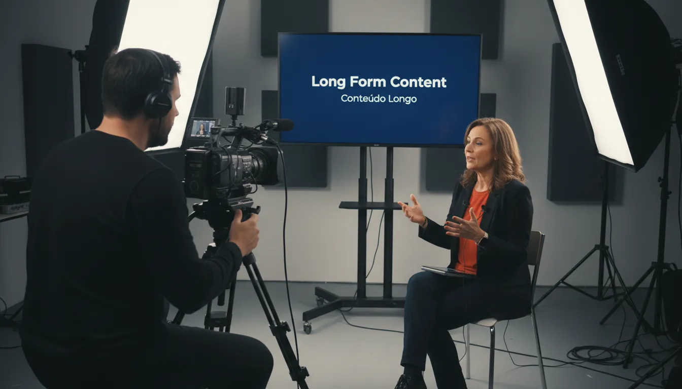 Cena de gravação de um videocast em estúdio, com foco em conteúdo de longa duração. Iluminação profissional e entrevistado falando com paixão.